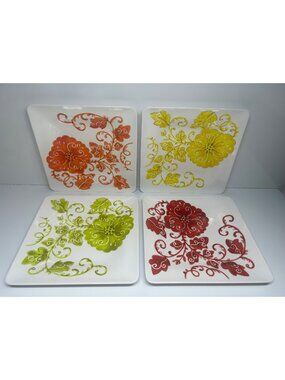 Laurie Gates 4Pc Embossed Floral Melamine Plates Green Yellow Red Orange  Summer